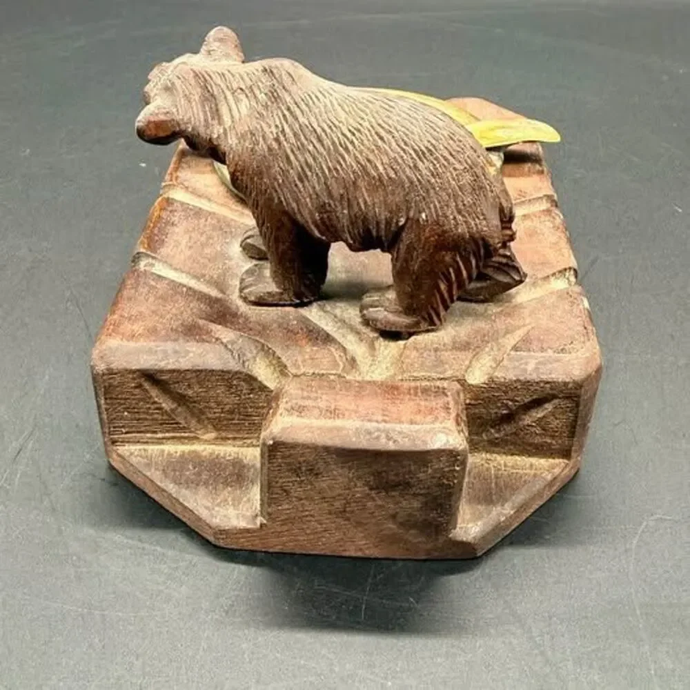 Antique 1920’s Hand-Carved Swiss Black Forest Bear Ashtray - Interlaken
